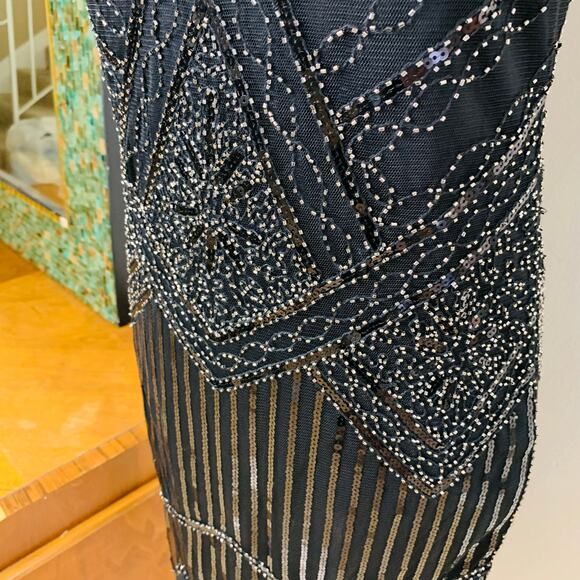 Vintage Size M Beaded Sequin Fringed Flapper Dress Black 20s Party - Picture 6 of 10